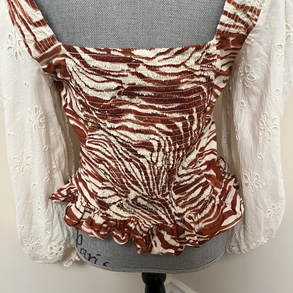 Anthro. Love the Label Smocked Zebra Blouse with Eyelet Puff Sleeves, M - Picture 10 of 15
